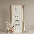 Neutral Wedding Welcome Sign, Linen Fabric Banner, Minimal Bridal Decor
