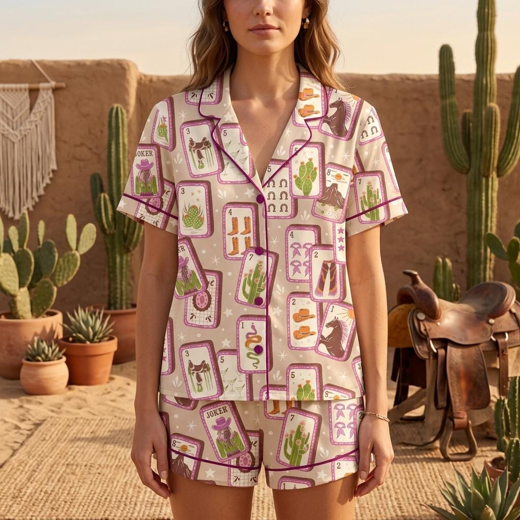 Western Cowgirl Pajama Set Women Card Print Desert Summer Sleepwear Loungewear Gift