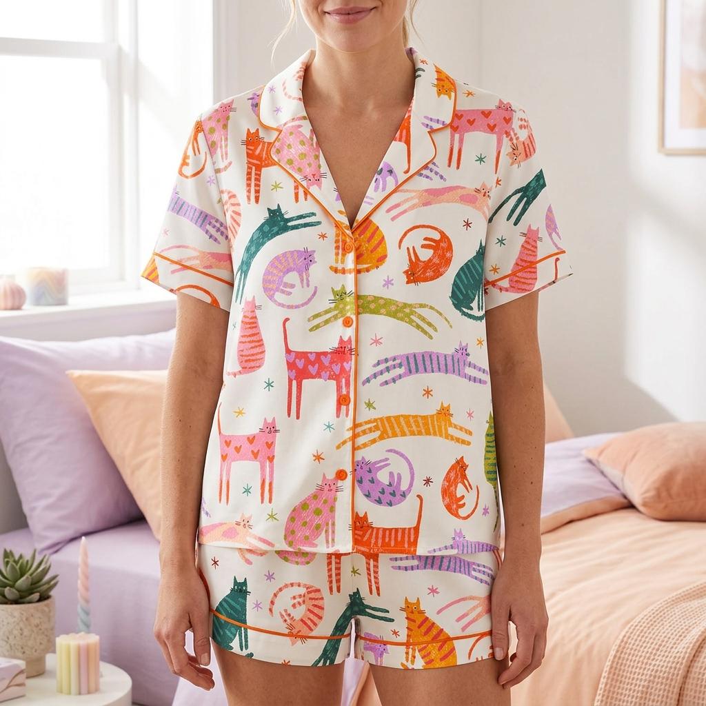 Colorful Cat Print Pajama Set Women Animal Lounge Sleepwear Gift