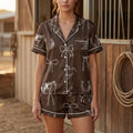 Cowgirl Pajama Set Women, Western Satin Sleepwear, Horse Rodeo Print Loungewear