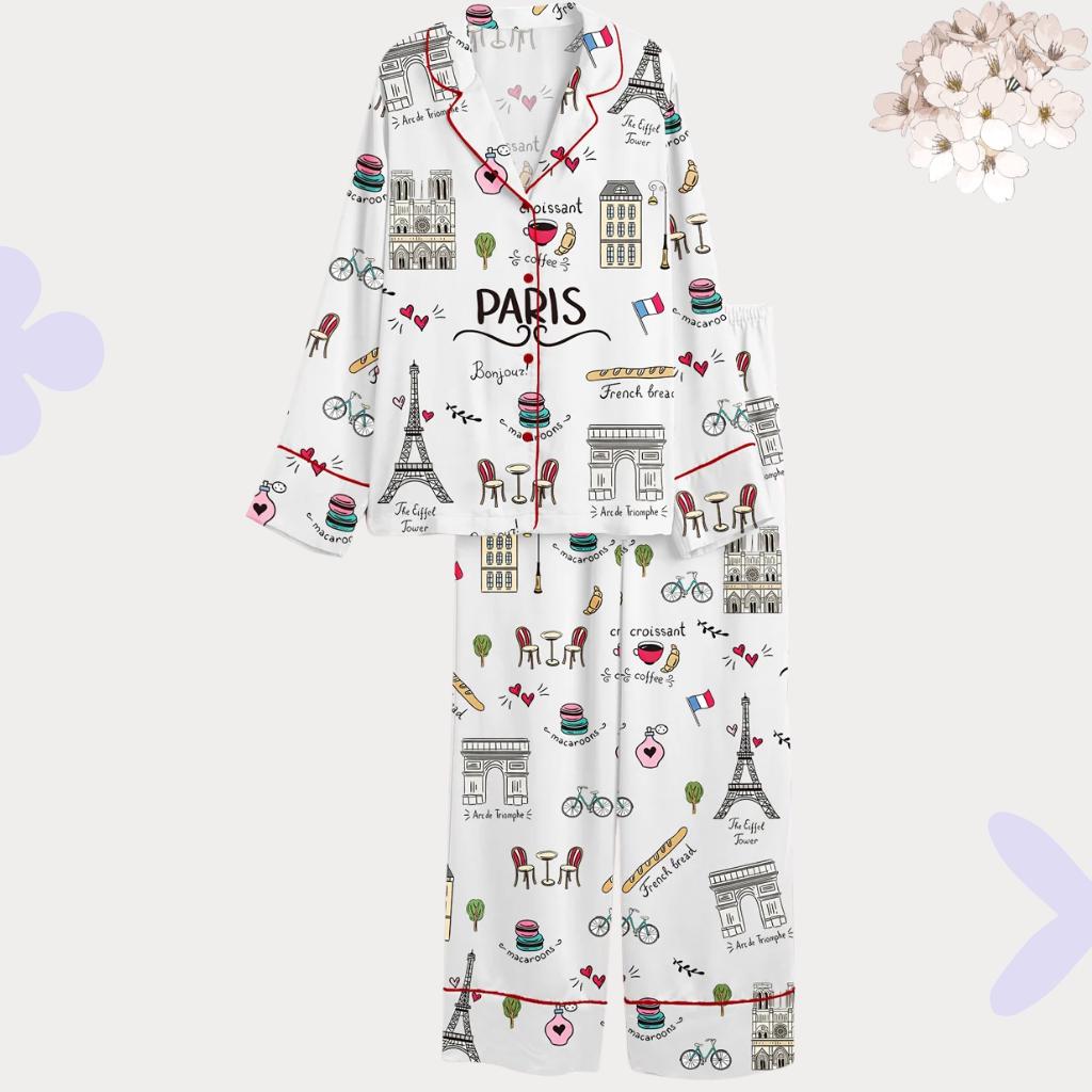 Paris Pajama Set – French Theme Sleepwear for Women – Bridal Party Gift & Honeymoon Loungewear