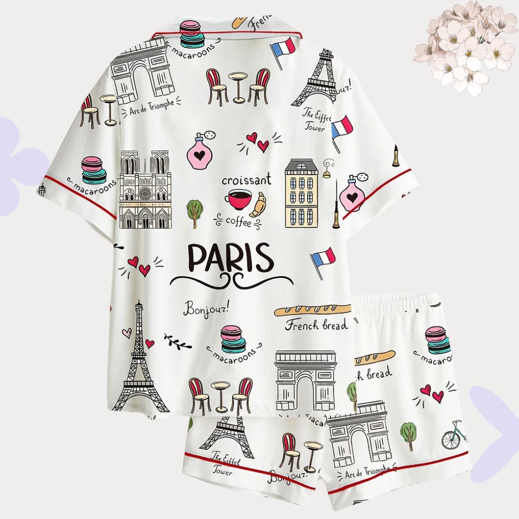 Paris Pajama Set – French Theme Sleepwear for Women – Bridal Party Gift & Honeymoon Loungewear