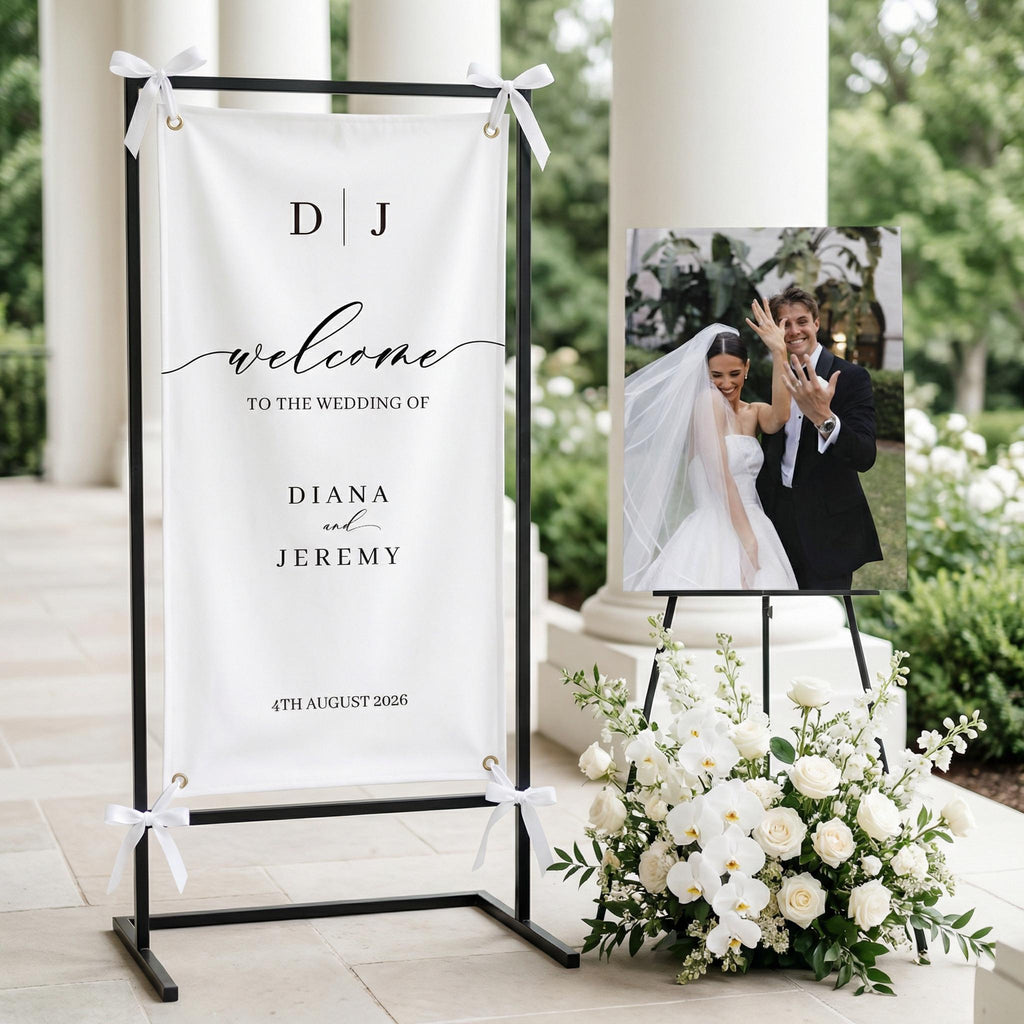 Custom Wedding Welcome Sign | Vertical Fabric Wedding Banner | Personalized Names & Date Backdrop | Rustic Outdoor Ceremony Decor