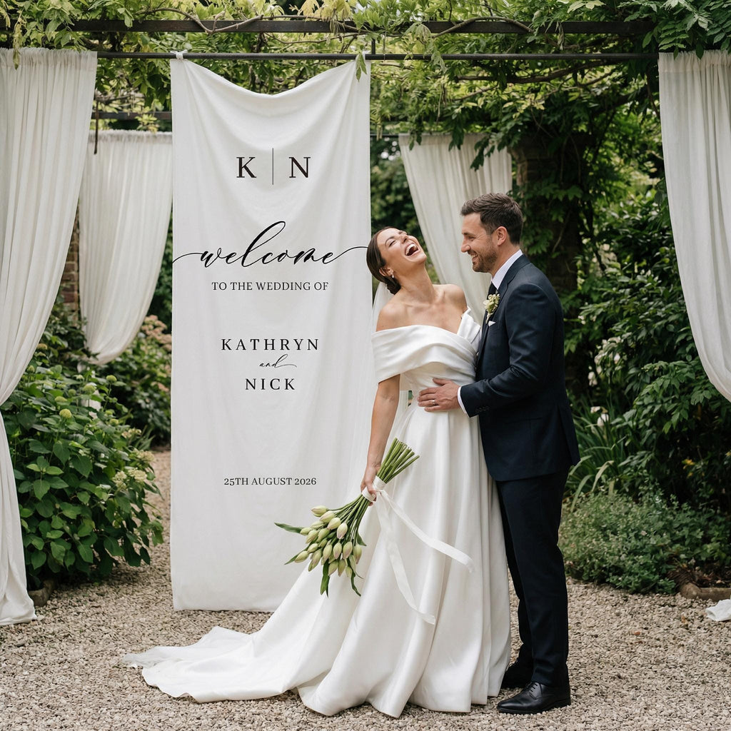 Custom Wedding Welcome Sign | Vertical Fabric Wedding Banner | Personalized Names & Date Backdrop | Rustic Outdoor Ceremony Decor