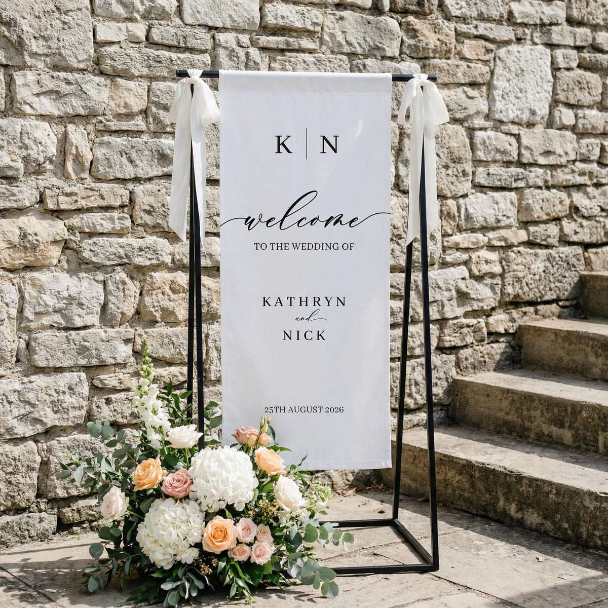 Custom Wedding Welcome Sign | Vertical Fabric Wedding Banner | Personalized Names & Date Backdrop | Rustic Outdoor Ceremony Decor