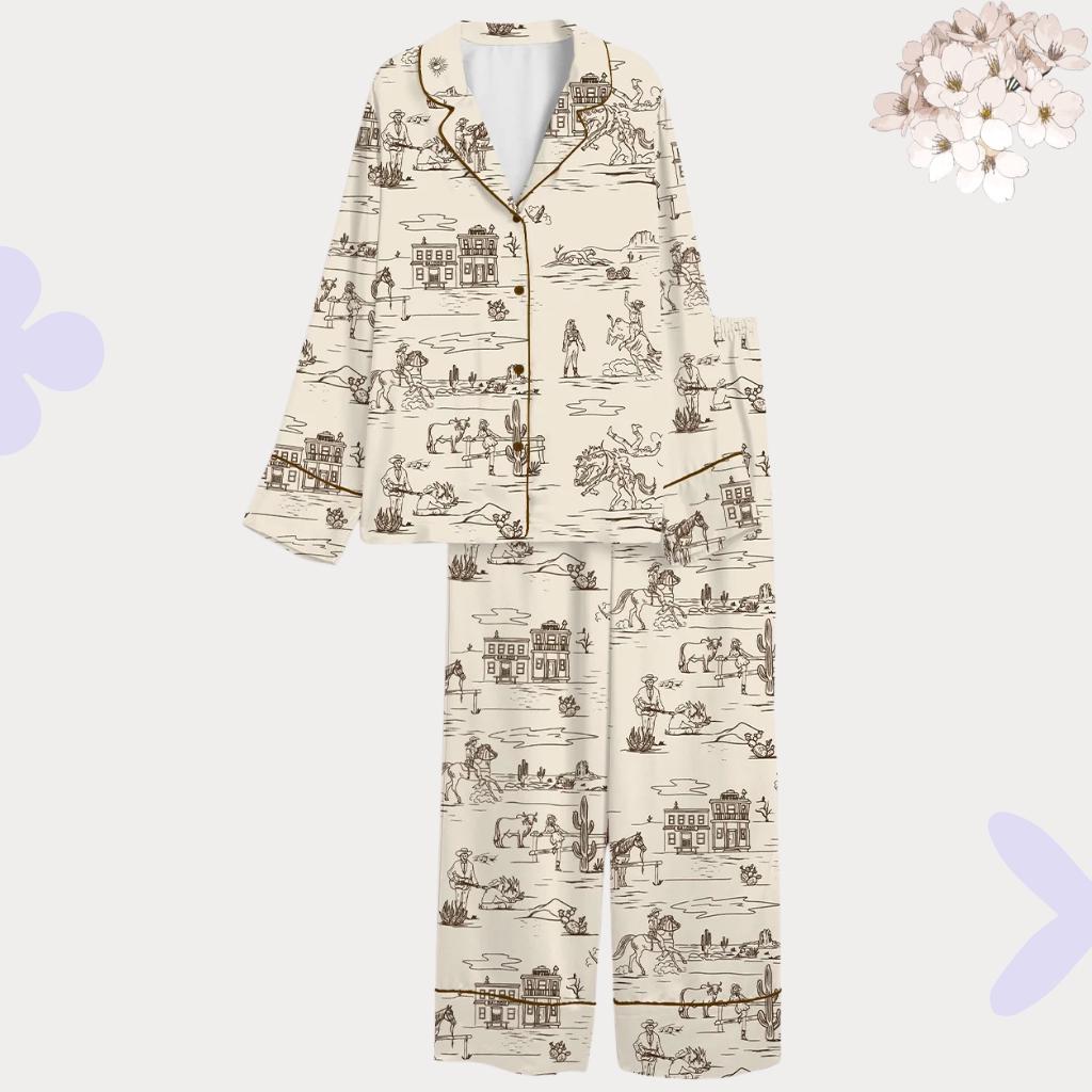 Western Cowboy Pajama Set – Vintage Toile Sleepwear – Nashville Bachelorette Gift – Bridal Party Outfit