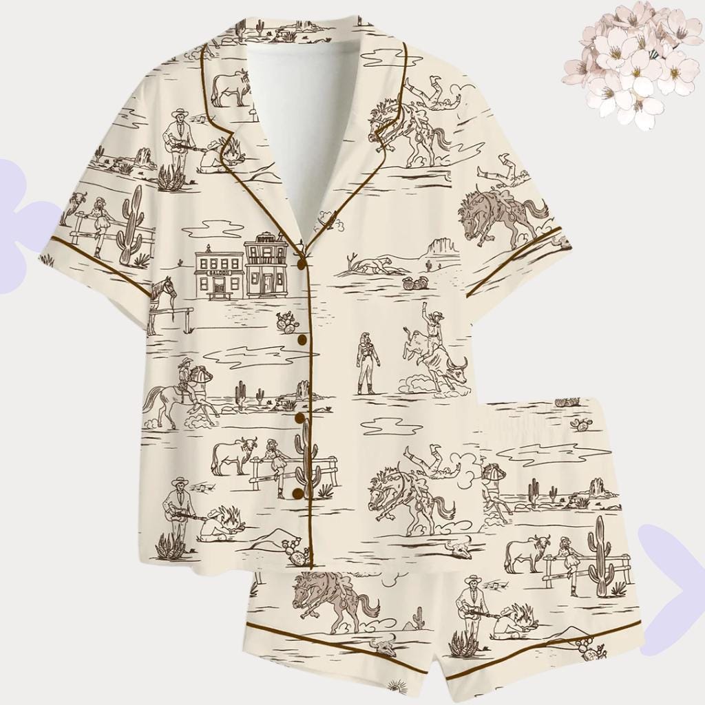 Western Cowboy Pajama Set – Vintage Toile Sleepwear – Nashville Bachelorette Gift – Bridal Party Outfit
