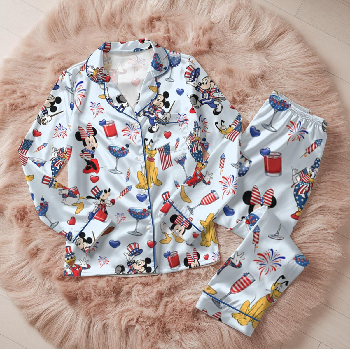 Disney Mickey Minnie Pluto Patriotic Pajama Set, Mickey and Friends Button Pajamas, Fourth of July Family Sleepwear, Cartoon Loungewear Gift