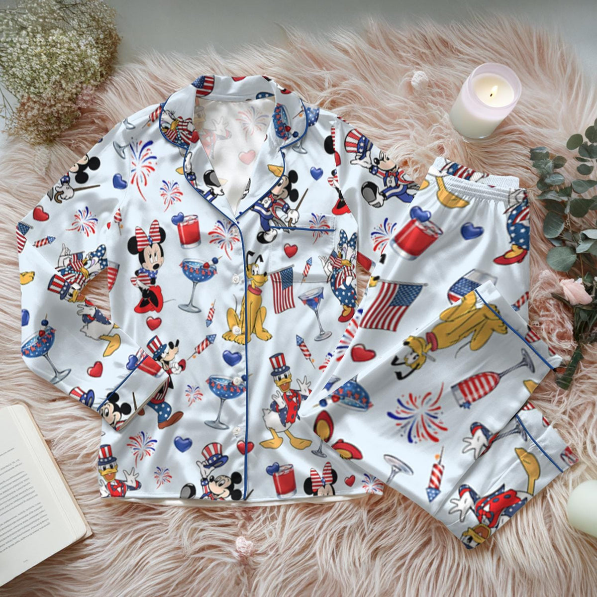 Disney Mickey Minnie Pluto Patriotic Pajama Set, Mickey and Friends Button Pajamas, Fourth of July Family Sleepwear, Cartoon Loungewear Gift