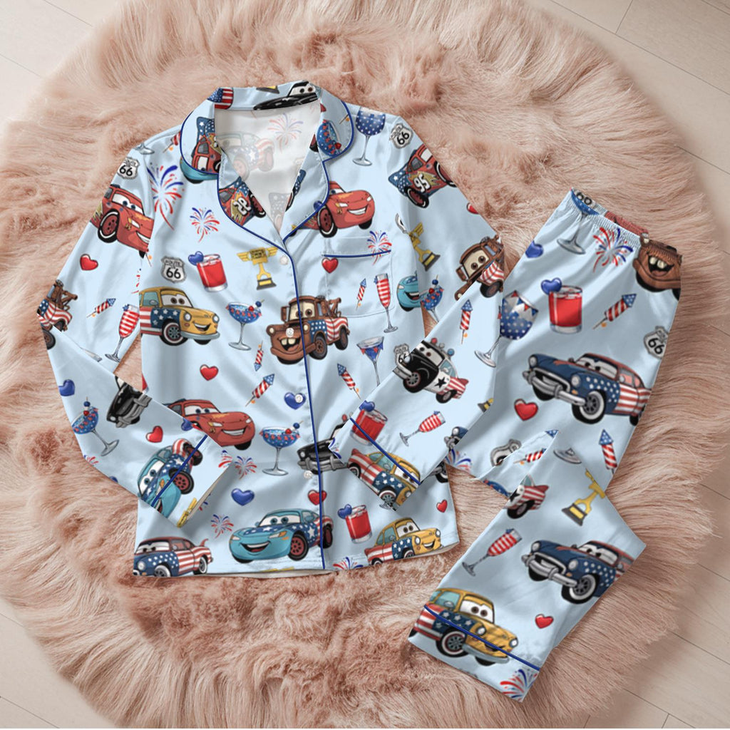 Disney Cars Lightning McQueen Patriotic Pajama Set, Route 66 Cartoon Sleepwear, Fourth of July Family Pajamas,Cars Character Loungewear Gift