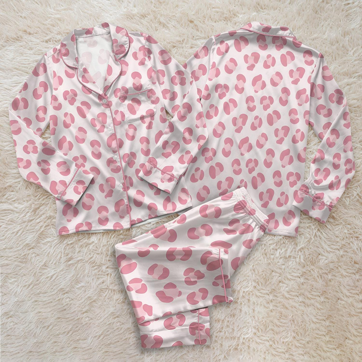 Pink Leopard Print Satin Pajama Set, Cute Animal Print Button Pajamas, Womens Sleepwear Set, Cozy Loungewear Gift For Her