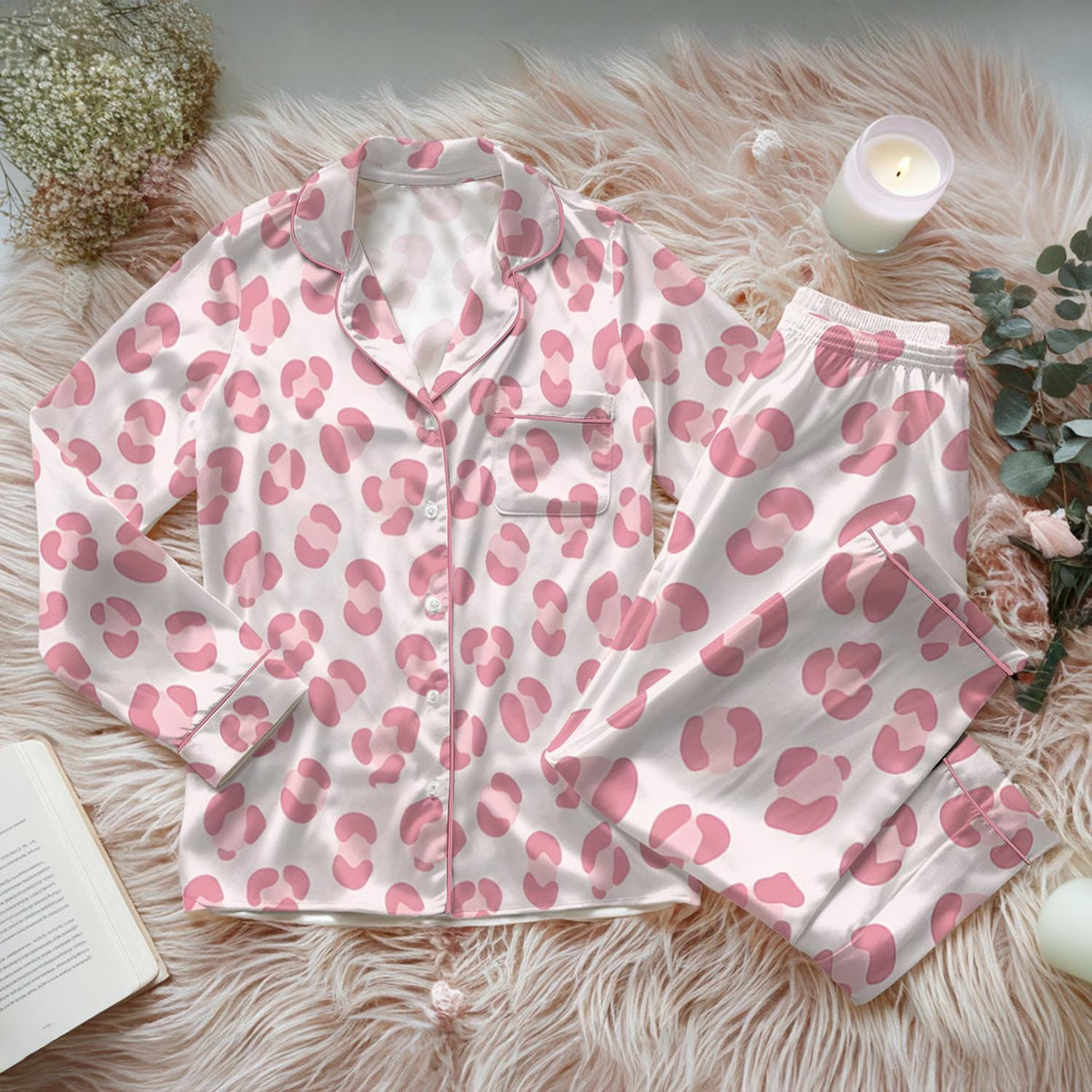 Pink Leopard Print Satin Pajama Set, Cute Animal Print Button Pajamas, Womens Sleepwear Set, Cozy Loungewear Gift For Her