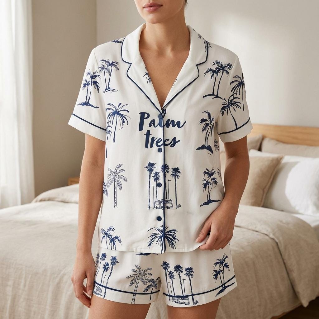 Palm Tree Pajama Set Women Tropical Beach Vacation Loungewear Gift