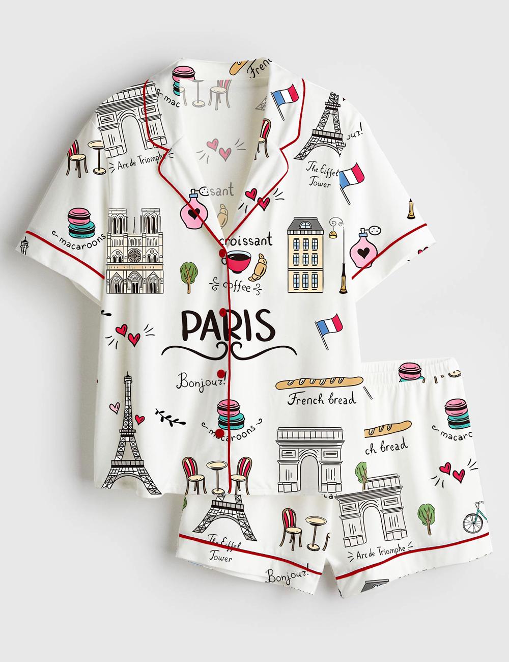 Women Paris Pajama Set, French Coffee Croissant Eiffel Tower Travel Outfit