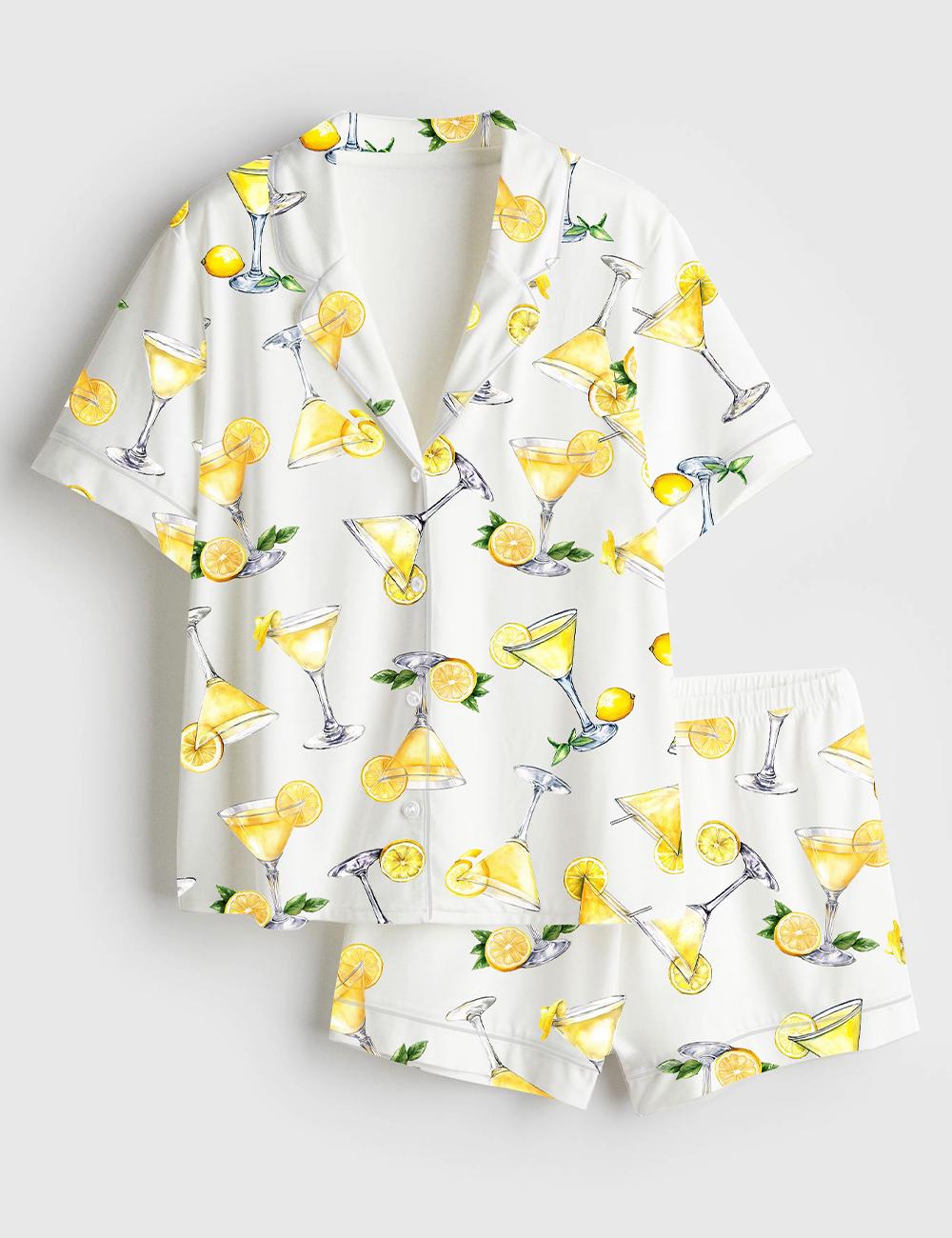 Lemon Cocktail Pajama Set for Women, Summer Satin Sleepwear, Bachelorette Party PJs Gift