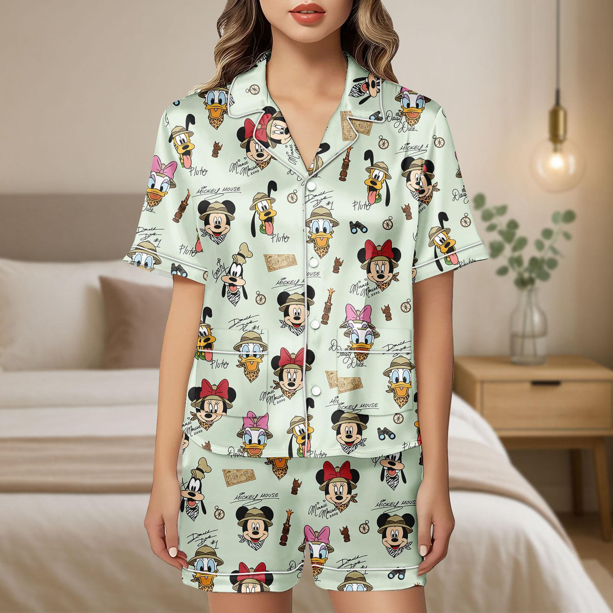 Disney Mickey And Friends Animal Kingdom Safari Mode Satin Pajamas Set, Walt Disney World Trip Shirt, Let's Get Wild, Disneyland Shirt