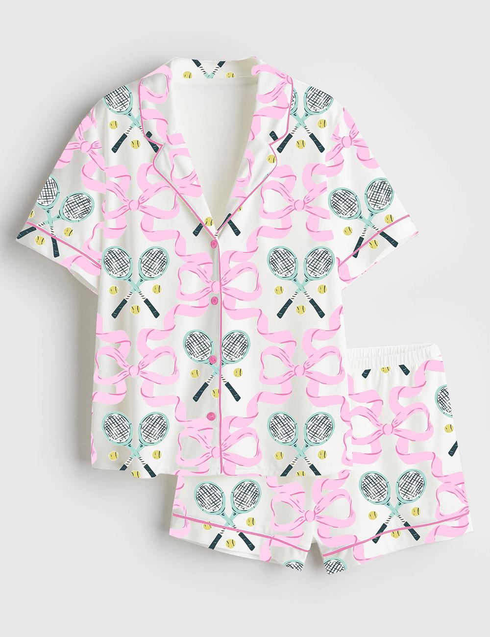 Tennis Pajama Set for Women, Satin Sleepwear, Preppy Bow Tennis PJs Gift