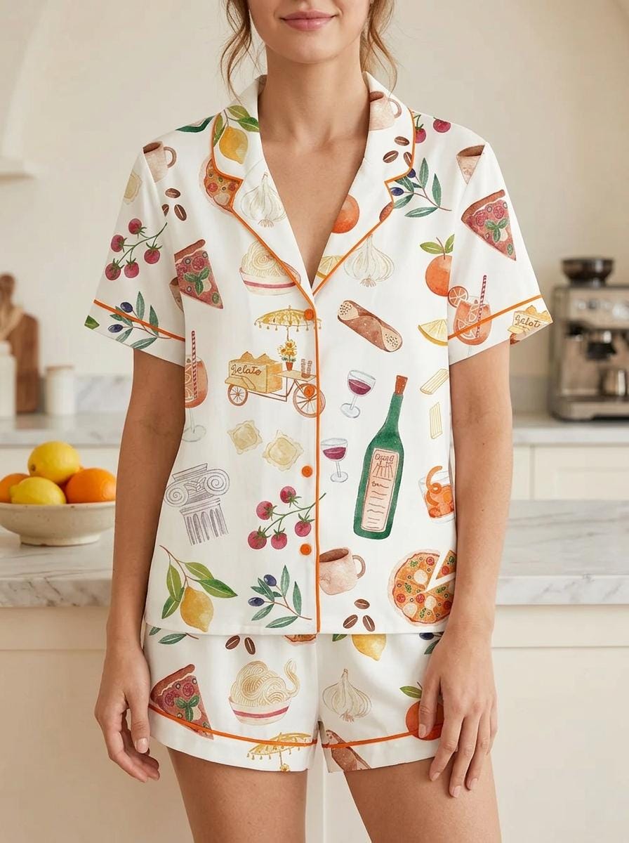 Italian Food Pajama Set for Women, Satin Sleepwear, Italy Travel PJs Gift