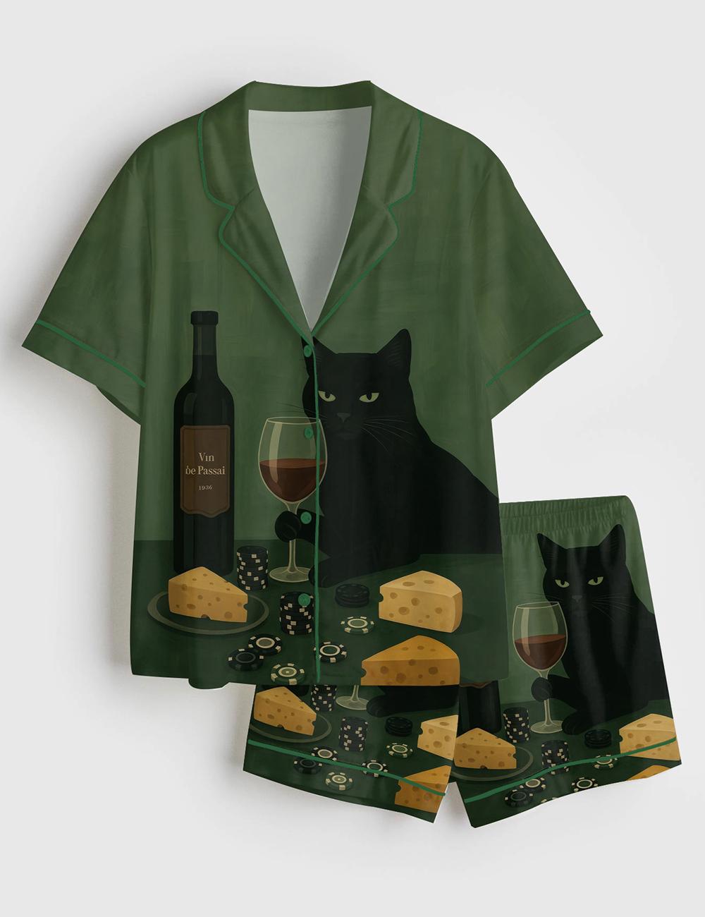 Black Cat Pajama Set for Women, Satin Sleepwear, Wine Lover Cat PJs Gift