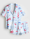 Coastal Pajama Set for Women, Nautical Satin Sleepwear, Summer Beach PJs Gift
