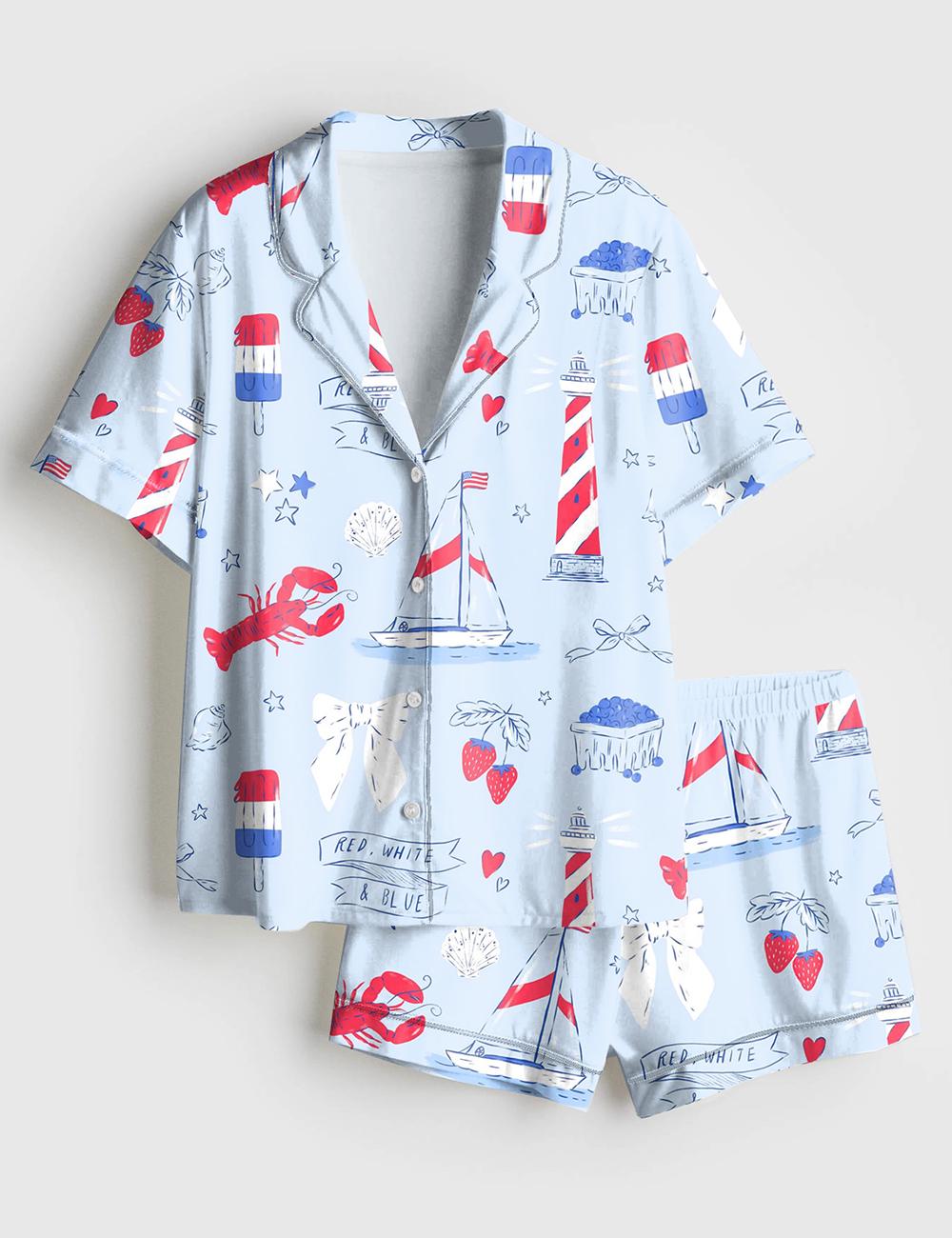 Coastal Pajama Set for Women, Nautical Satin Sleepwear, Summer Beach PJs Gift