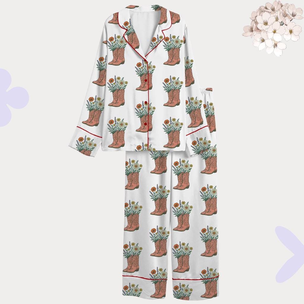 Cowboy Boot Pajamas – Western Floral Sleepwear Set – Bachelorette Party & Country Bridal Gift