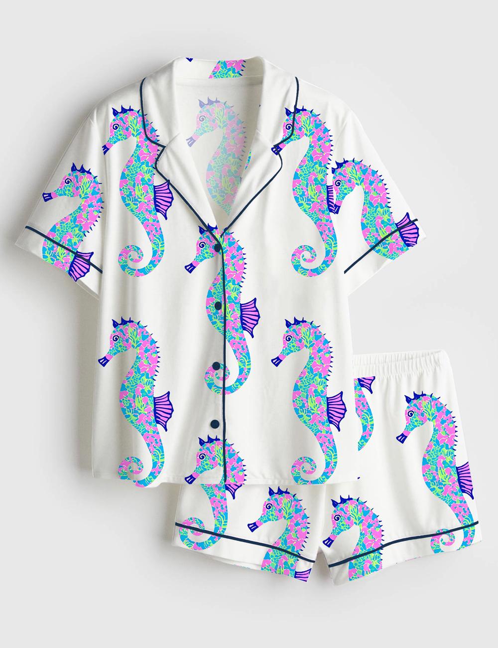 Seahorse Pajama Set Women, Ocean Sleepwear, Beach Lounge Outfit Gift