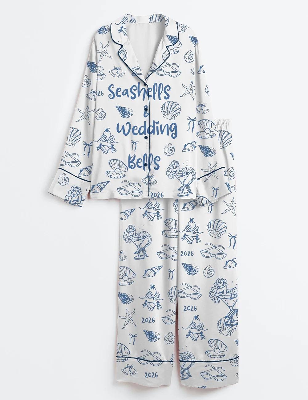 Seashells and Wedding Bells Pajamas, Mermaid Bride Long Sleeve PJs, Satin Beach Bachelorette Sleepwear, Tropical Bridal Party PJ Set, Silk