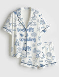 Seashells and Wedding Bells Pajamas, Mermaid Bride Long Sleeve PJs, Satin Beach Bachelorette Sleepwear, Tropical Bridal Party PJ Set, Silk