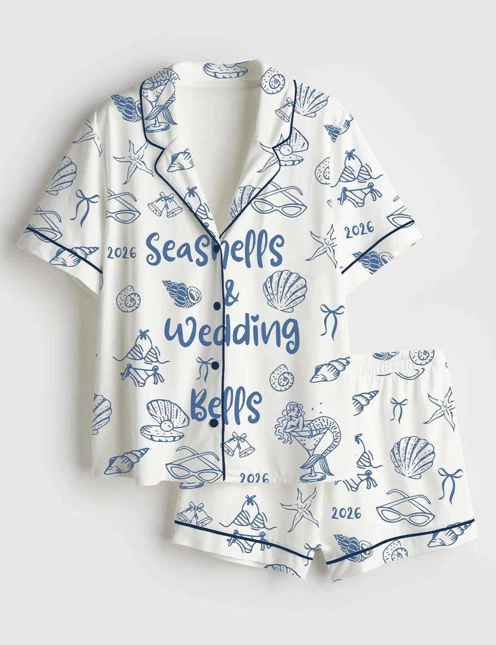 Seashells and Wedding Bells Pajamas, Mermaid Bride Long Sleeve PJs, Satin Beach Bachelorette Sleepwear, Tropical Bridal Party PJ Set, Silk
