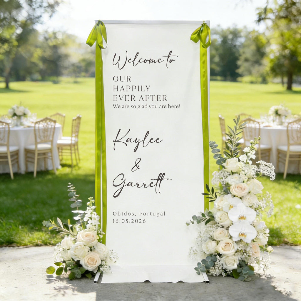 Personalized Fabric Wedding Welcome Sign, Happily Ever After Party Welcome Sign,Welcome to Our Reception Sign, Custom Linen Wedding Signage