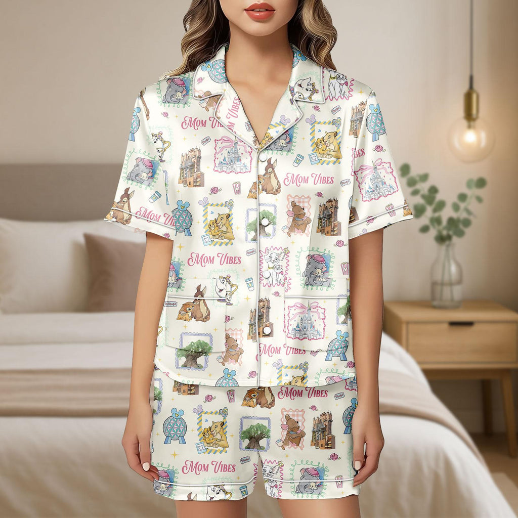 Disney Mom Vibes Satin Pajamas Set, Duchess Perdita Mrs Potts Mrs Jumbo Women Pajamas, Vintage Mother's Day Gift, Disneyland Mom Trip