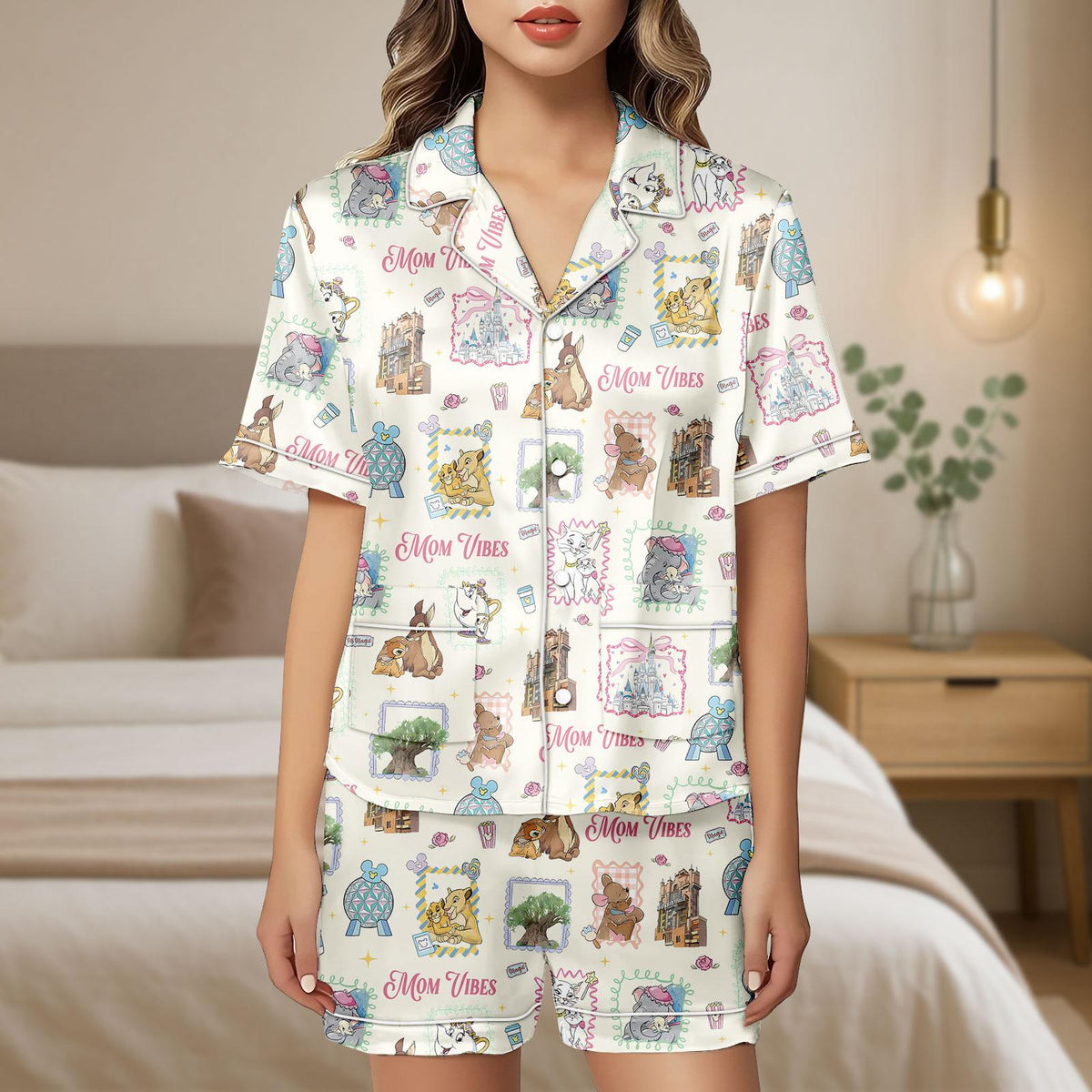 Disney Mom Vibes Satin Pajamas Set, Duchess Perdita Mrs Potts Mrs Jumbo Women Pajamas, Vintage Mother's Day Gift, Disneyland Mom Trip