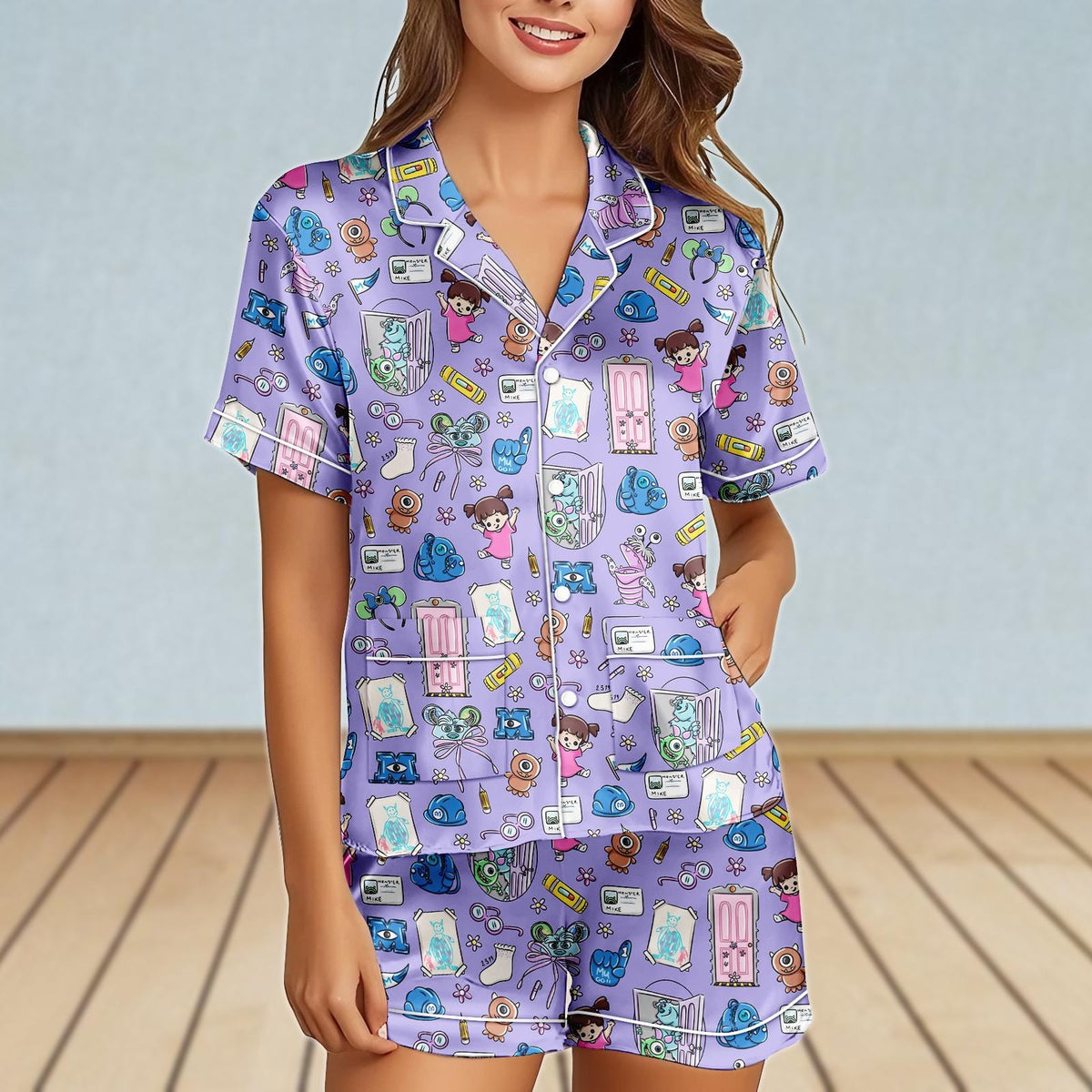 Disney Monsters 2 Satin Pajamas Set, Mike And Sulley Women Pajamas, Disney Vacation Short Pajamas, Pixar Monsters University Sleepwear