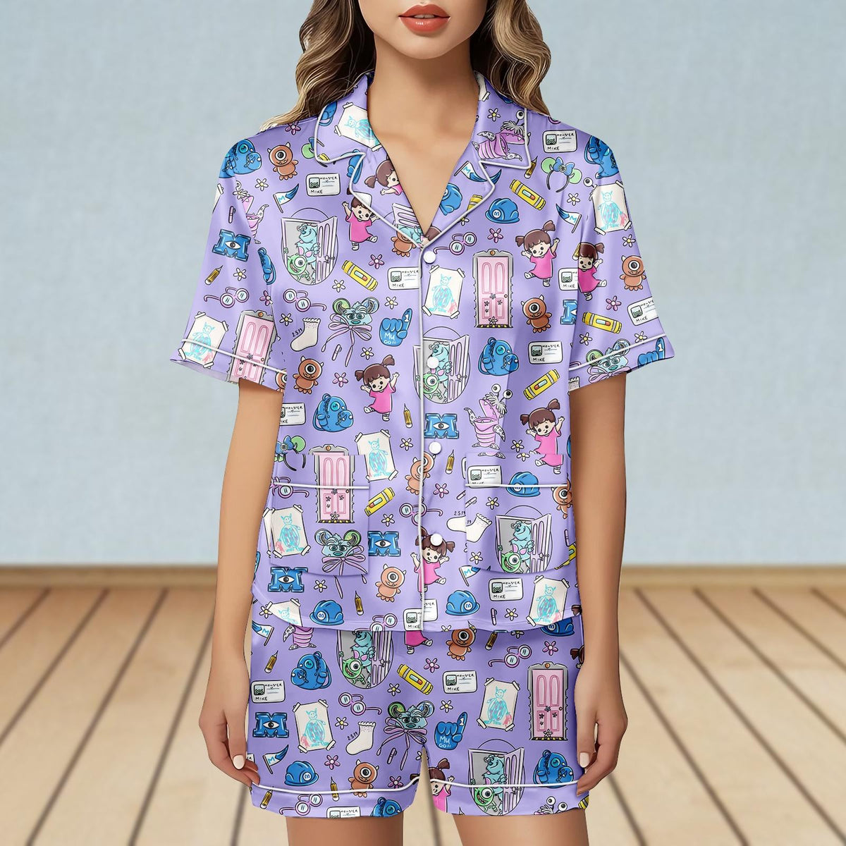 Disney Monsters 2 Satin Pajamas Set, Mike And Sulley Women Pajamas, Disney Vacation Short Pajamas, Pixar Monsters University Sleepwear