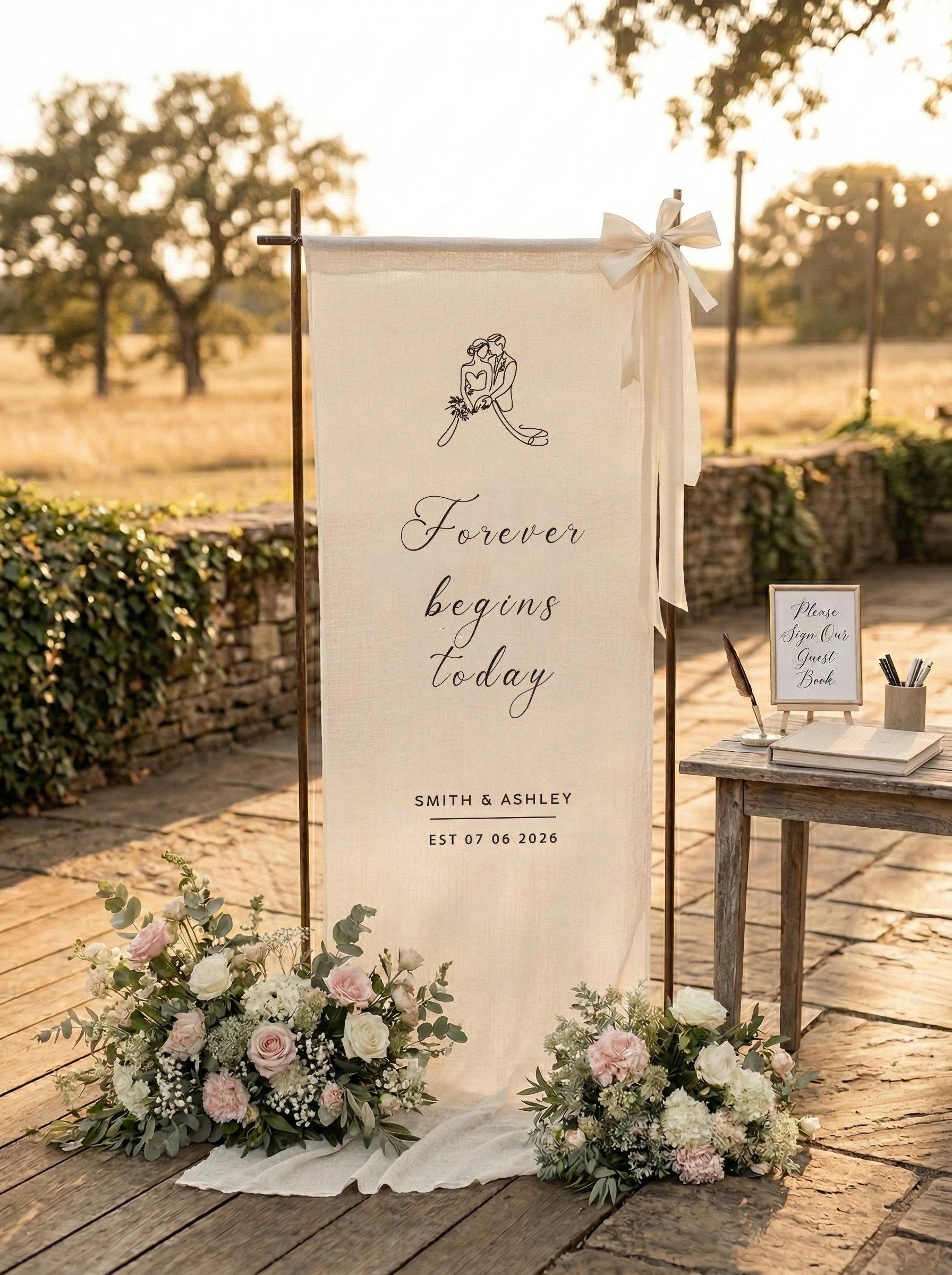 Wedding Welcome Sign, Fabric Linen Sign, Personalized Name Wedding Sign, Custom Wedding Ceremony Boho Modern Wedding Welcome Decor