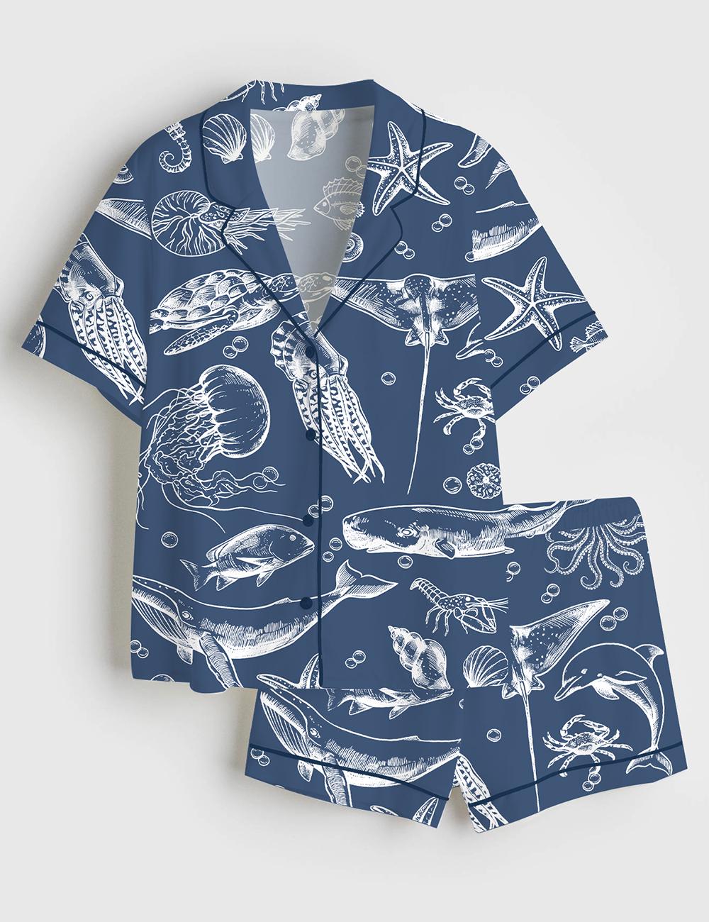 Ocean Sea Life Pajama Set Women Summer Beach Loungewear Sleepwear Gift