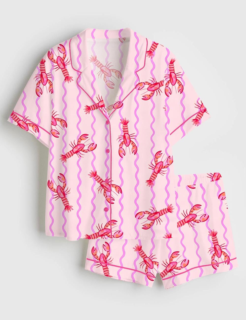 Women Pajama Set Pink Lobster Print Summer Beach Loungewear Sleepwear Gift