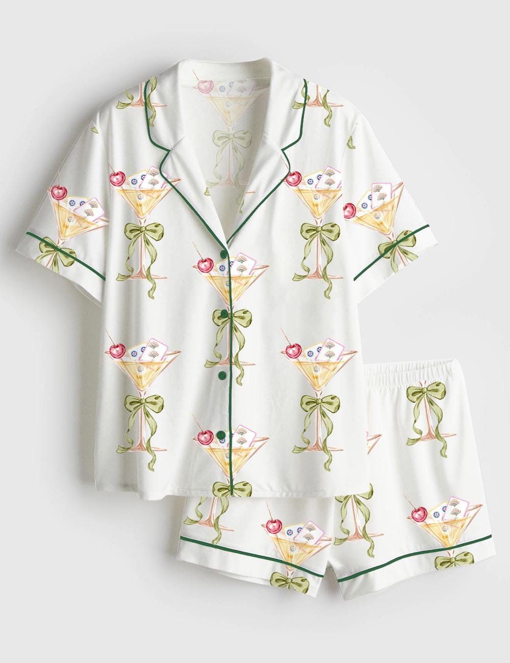 Martini Cocktail Pajama Set Women, Cherry Drink Print PJs, Vegas Party Sleepwear, Bachelorette Outfit