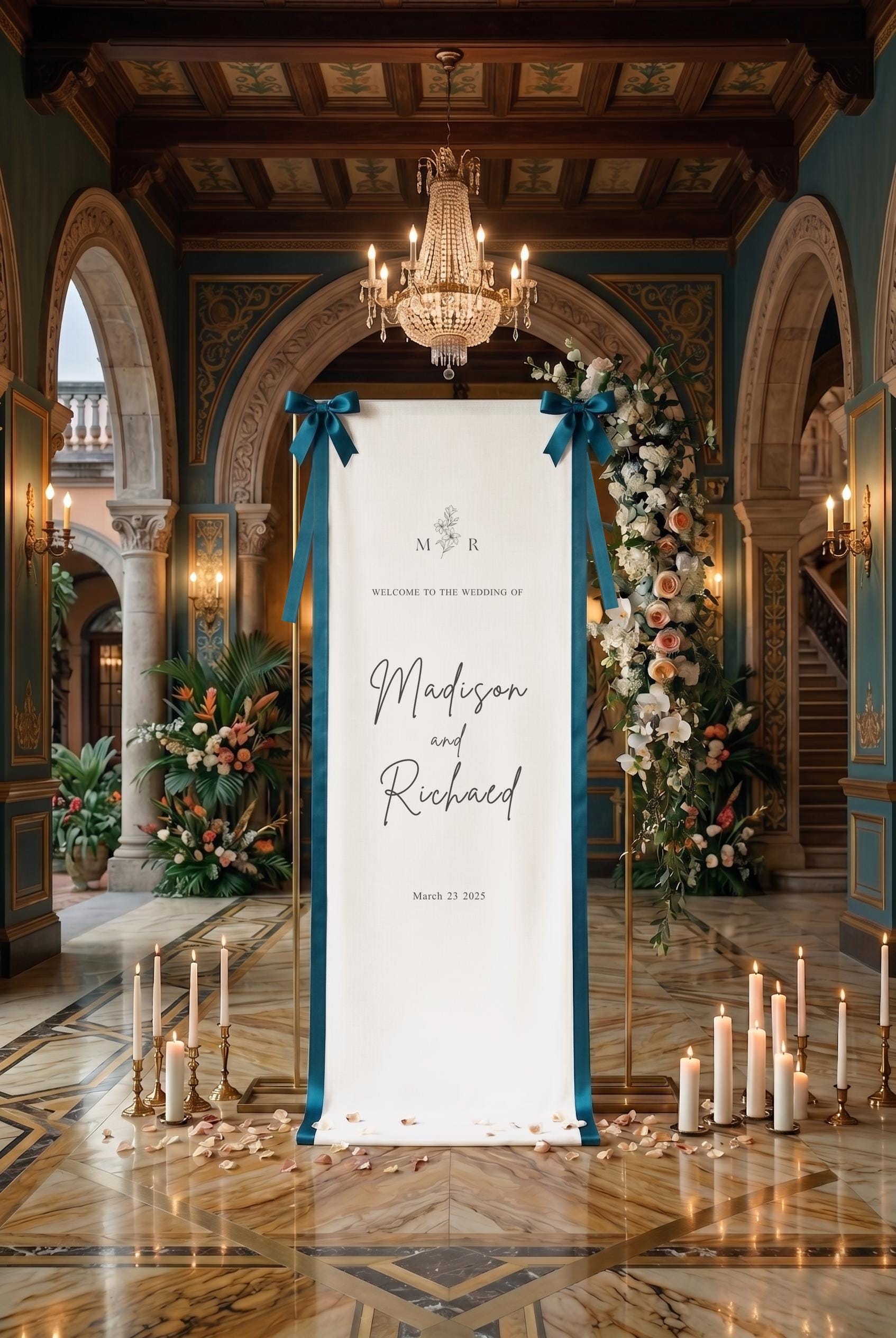Custom Satin Wedding Welcome Sign, Personalized Ceremony Banner, Modern Fabric Reception Decor, Minimalist