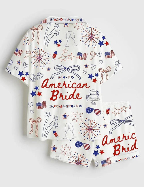 American Bride Coquette Satin Pajama Set, 4th of July Bachelorette PJs, Patriotic Bride Sleepwear, Red White Blue Bow Lounge, USA Wedding