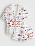 American Bride Coquette Satin Pajama Set, 4th of July Bachelorette PJs, Patriotic Bride Sleepwear, Red White Blue Bow Lounge, USA Wedding