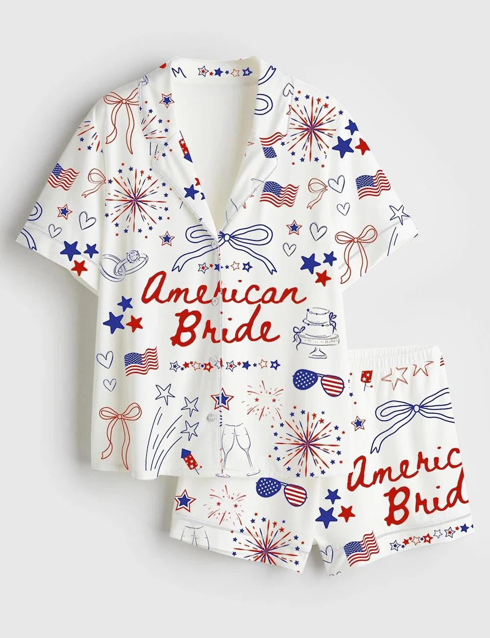 American Bride Coquette Satin Pajama Set, 4th of July Bachelorette PJs, Patriotic Bride Sleepwear, Red White Blue Bow Lounge, USA Wedding