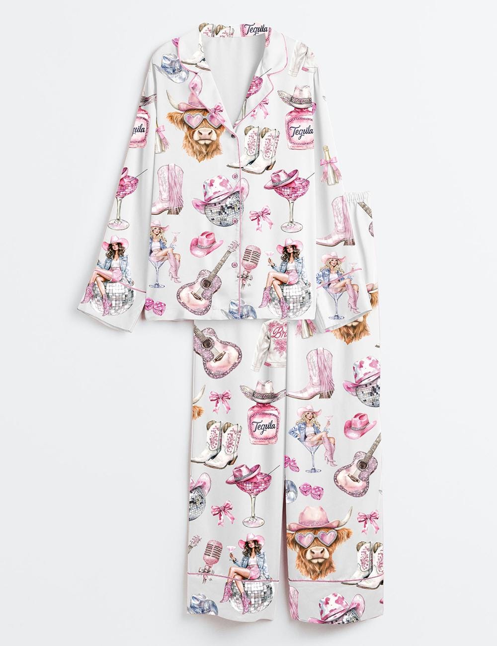 Cowgirl Pajama Set for Women, Western Satin Sleepwear, Bachelorette Party PJs Gift