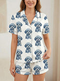 Denim Blue Dog Pajama Set for Women, Satin Sleepwear Gift