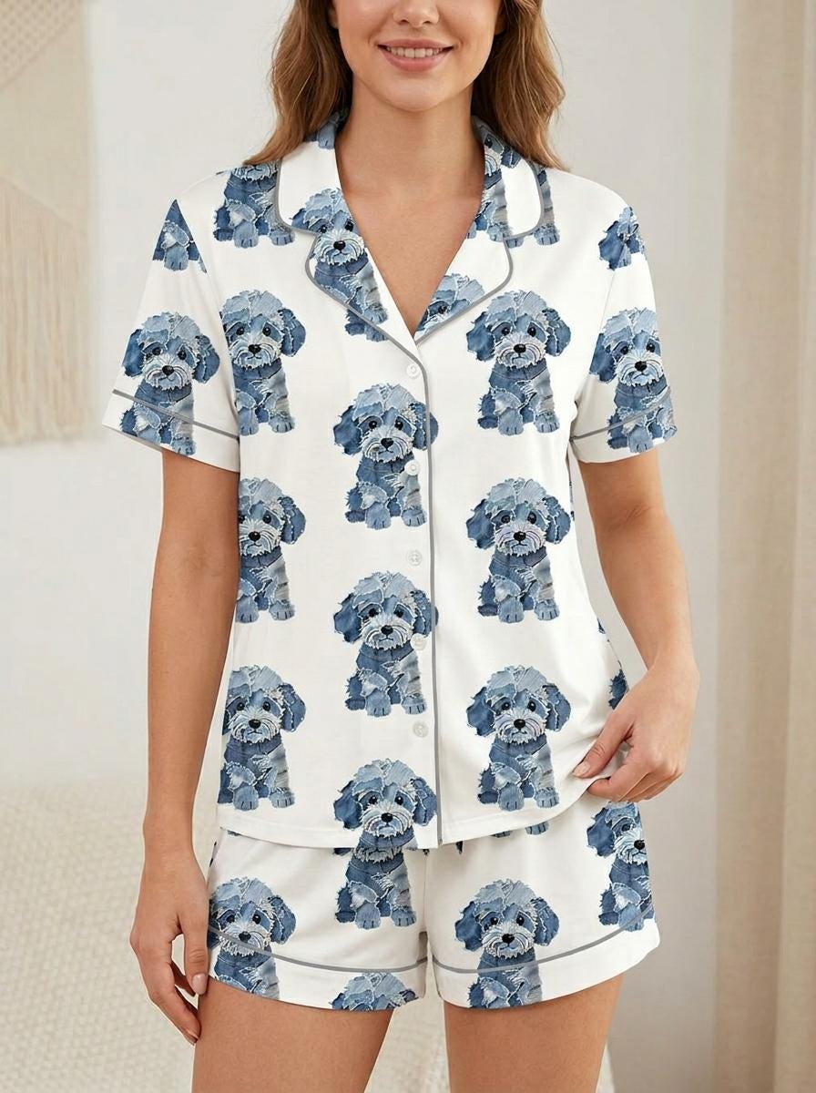 Denim Blue Dog Pajama Set for Women, Satin Sleepwear Gift