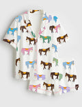 Horse Print Pajama Set for Women, Equestrian Satin Sleepwear Western Lounge Outfit Gift