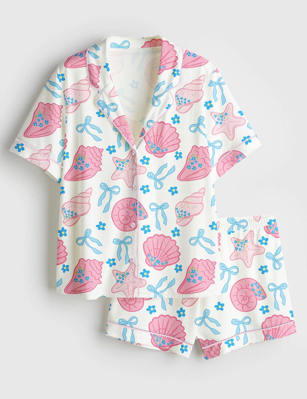 Seashell Pajama Set for Women, Pink Beach Sleepwear, Coastal Lounge Outfit Gift