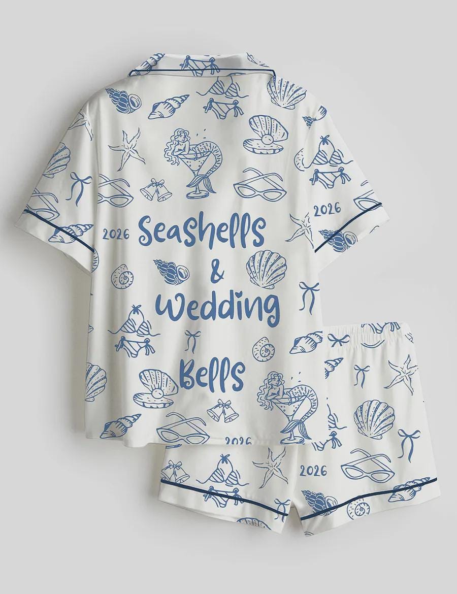 Coastal Bachelorette Pajama Set, Seashell Bridal Sleepwear, Beach Wedding Loungewear, Bridesmaid Pajama Gift