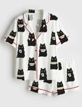 Black Cat Pajama Set Women, Mahjong Cat Sleepwear, Funny Lounge Outfit Gift